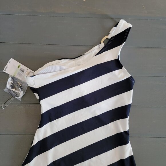 NWT Michael Kors Women's Navy Striped One Shoulder One-Piece Swimsuit Size 8 - Picture 7 of 9